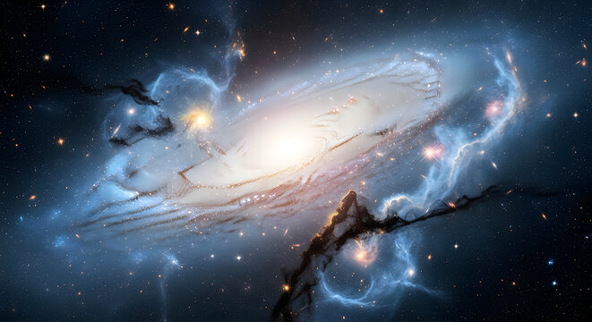 A stunning digital illustration of a glowing spiral galaxy swirling through the deep dark expanse of outer space background