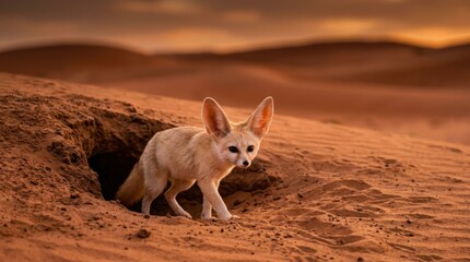 Fototapeta premium Desert Fennec Fox Emerging from Burrow: A fennec fox, with its characteristically large ears, cautiously emerges from its sandy burrow in the vast desert landscape, silhouetted against a warm.