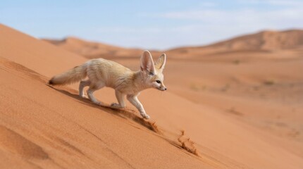 Fototapeta premium Fennec Fox on Sand Dune: A fennec fox with large ears and sandy fur navigates a steep sand dune, its delicate paws leaving imprints in the golden desert landscape under a clear blue sky.