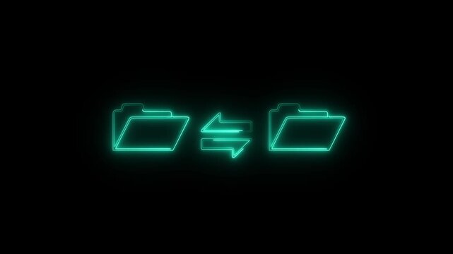 Neon folder line icon animation with bidirectional file synchronization and data exchange,