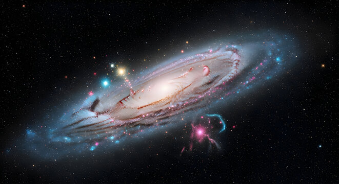 A stunning wide view of a spiral galaxy glowing in the deep dark reaches of outer space with bright stars