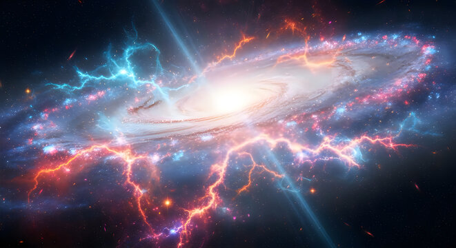 A vibrant artistic representation of a distant galaxy featuring glowing colorful energy beams and swirling cosmic dust in space