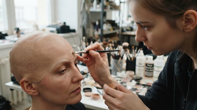 Behind the Scenes Transformation: A makeup artist meticulously applies cosmetics to a model&rsquo;s face, highlighting the artistic process and the pursuit of beauty and transformation.