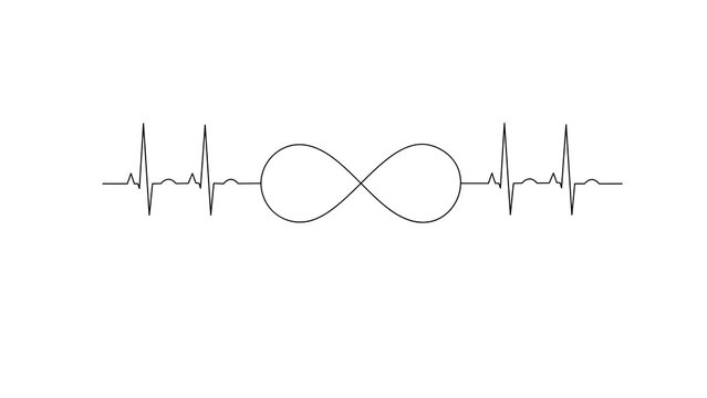 Minimalist infinity symbol with heartbeat line, black and white pulse wave illustration, eternal life and medical health concept graphic