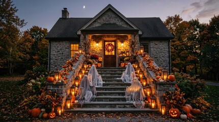 Fototapeta premium Enchanted Halloween Entrance: A charming stone house welcomes guests with a whimsical Halloween display, featuring jack-o'-lanterns, spooky ghosts, and glowing lanterns lining the staircase.