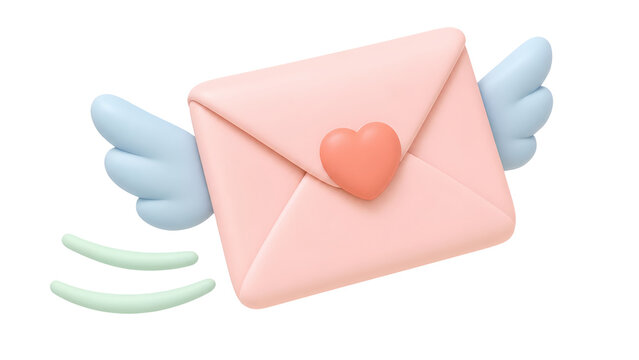 3D pink love letter envelope with wings and heart icon, flying romantic mail illustration, soft pastel clay style greeting for Valentine's Day