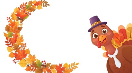 Fototapeta premium A charming cartoon turkey greets viewers with a festive autumn leaf crescent backdrop