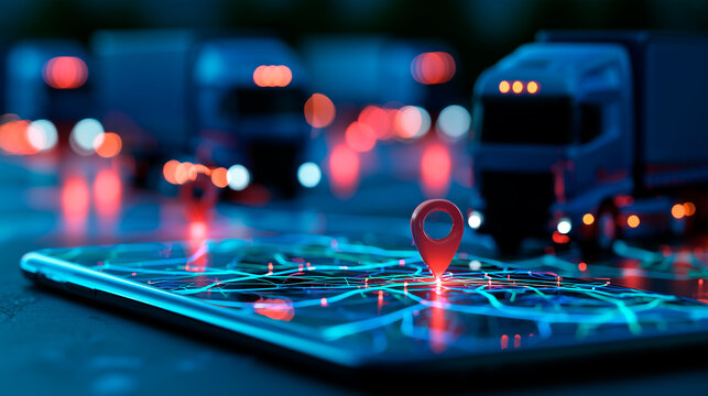 Digital representation of logistics and transportation system with trucks and GPS navigation map route network concept showing global supply chain automation technology futuristic freight delivery sys