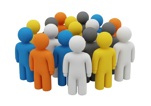 Group of colorful 3d human figures standing in a crowd