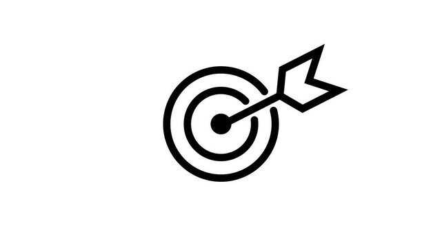 Hit a target or goal with an arrow simple loop animation on white background. Animated target, success icon in outline design.