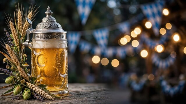 Traditional beer mug filled with golden lager and wheat stalks at an autumn folk festival celebration