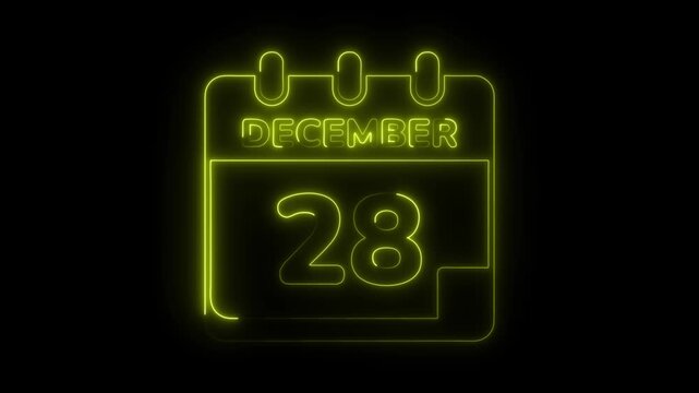 Neon calendar animation for december 28th holiday reminder celebration glowing date