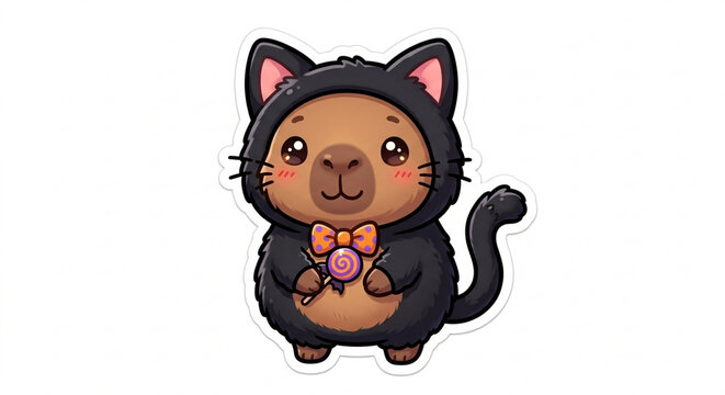 Cute Capybara Black Cat Halloween Costume Kawaii Sticker Illustration