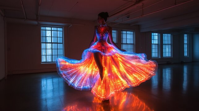 Dancer wearing a glowing LED light dress performing a spin in a dark industrial loft studio space