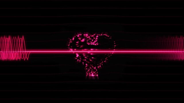 Glowing neon red heart with medical pulse line surrounded by red hearts with video displays glowing across dark background. Heart beat pulse. Glowing neon  heart cardiogram line on dark background.