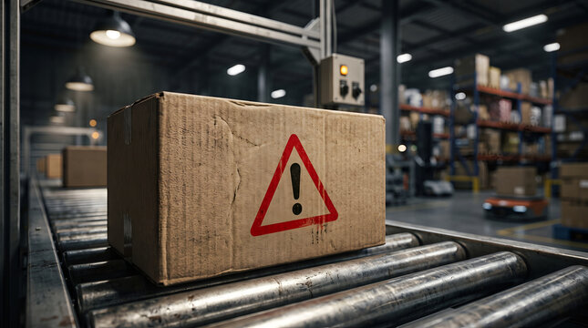 Cardboard Box with Warning Sign on Roller Conveyor Belt in Automated Industrial Warehouse