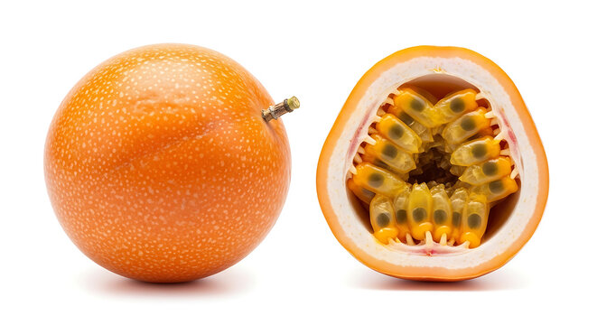 Whole and halved sweet granadilla fruit isolated on a white background with a transparent cutout