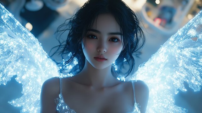 Young woman with glowing ethereal wings posing in a dark fantasy setting with soft blue lighting