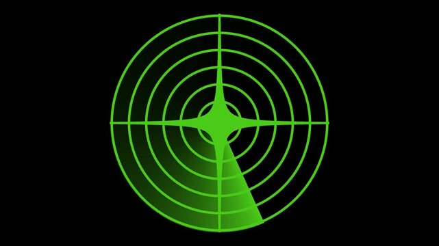 Green radar screen displaying concentric circles and a sweeping signal on a black background.
