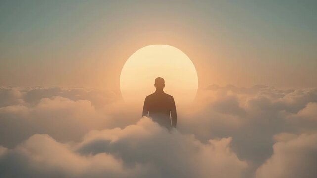 Silhouette Person Above Cloudscape at Sunrise Under Warm Sunlight in Peaceful Sky
