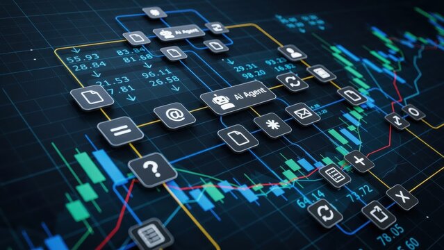Ai agent network overlaid on a financial stock market trading chart