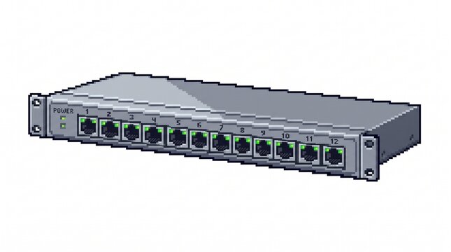 Pixel art network switch or server hardware rack isolated on white background