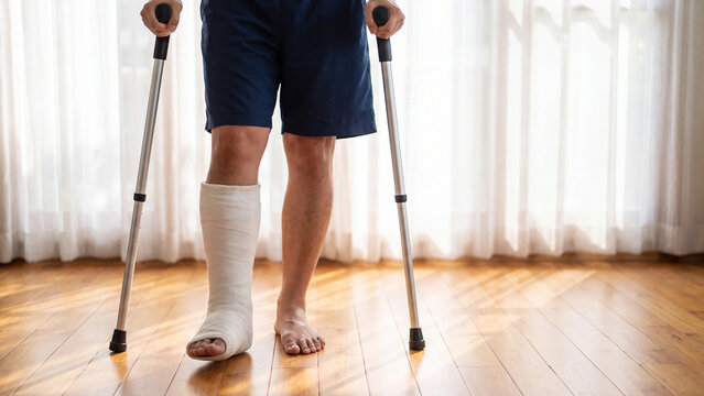 Injured person with a white plaster cast on their leg stands using metallic crutches for support during a daily recovery