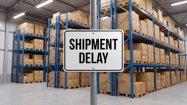 Shipment delay warning sign featuring bold black lettering on a white rectangular metal plate mounted on a sturdy steel pole