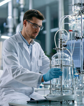 Scientist monitoring bench bioreactor in biotechnology facility