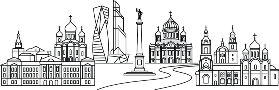 A detailed black and white line art illustration of the historic moscow city skyline featuring famous landmarks