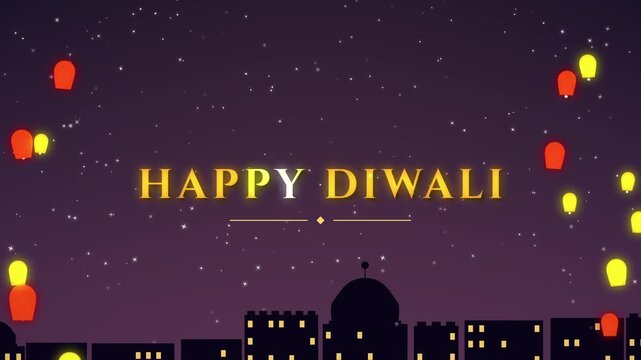 Happy Diwali Text with Sky Lanterns Over City Loop