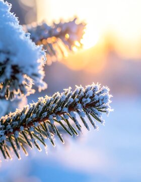 Close-up of Frost-Covered Evergreen Branch at Sunrise