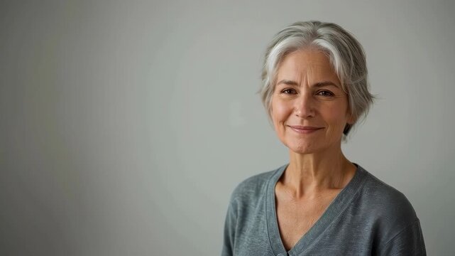 Mature Woman Senior Portrait, Gray Hair, Smiling in Sweater Against Gray Background