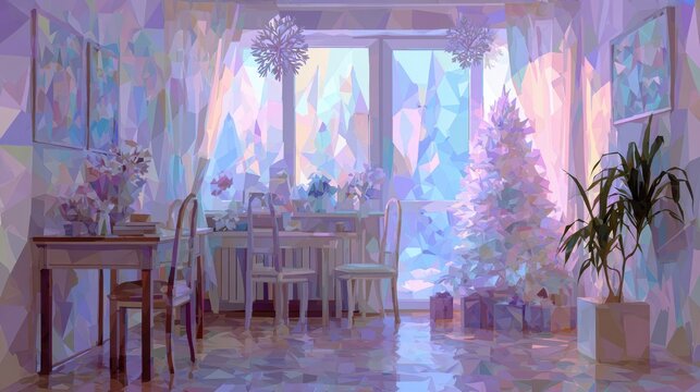 Pastel winter holiday interior featuring cubist elements, stylized sharp trees, and floating polygon snowflakes, creating a soft dreamy ambiance with copy space