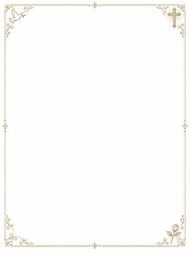 Golden ornate frame with dove, cross and rose on white background. Elegant religious border design with copy space. Baptism and christening invitation card template for ceremony.