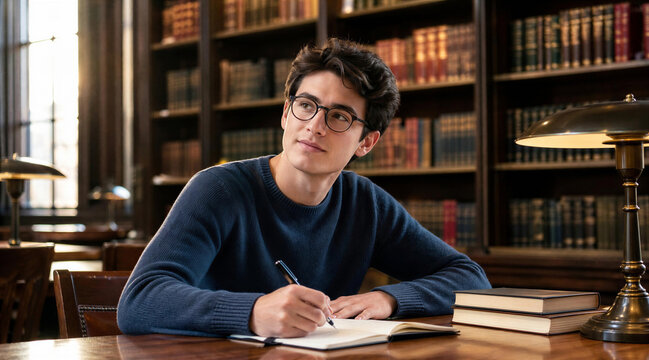 Young man in glasses writing in notebook at a classic library desk