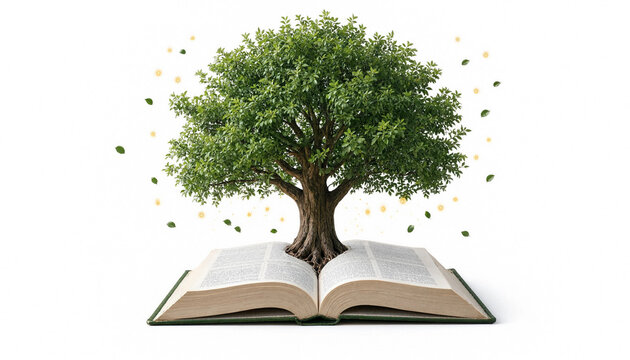 Tree growing from open book symbolizing knowledge growth and learning concept on white background
