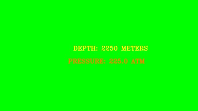 Green screen with depth and pressure readings for underwater exploration.