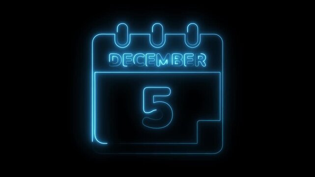 Glowing neon calendar animation date december fifth digital reminder
