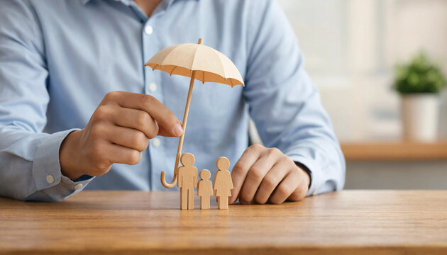 Man holding wooden umbrella over family figurines symbolizing protection and insurance concept on wooden table
