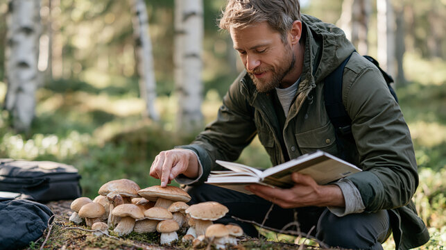 a Norwegian mycologist examining a cluster of porcini mushrooms on a log in a dense birch forest, field guide open in hand, celebrating national mushroom day with citizen science