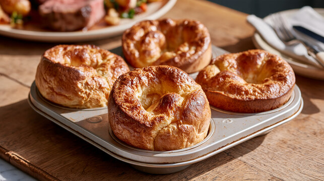 An ornate Yorkshire pudding rises golden and dramatic from a muffin tin pulled from a hot oven in a cozy British countryside kitchen on national yorkshire pudding day, with a