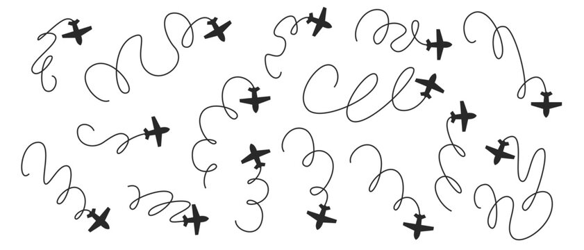 Plane icon set with flight path trail. Hand drawn airplane collection with looping and curved flight trajectory. Vector illustration isolated as black line doodles on white background.