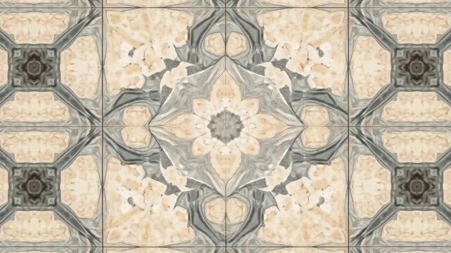 Kaleidoscope Pattern Beige Stone Mosaic Symmetrical Geometric Floral Ornamental Tile Design