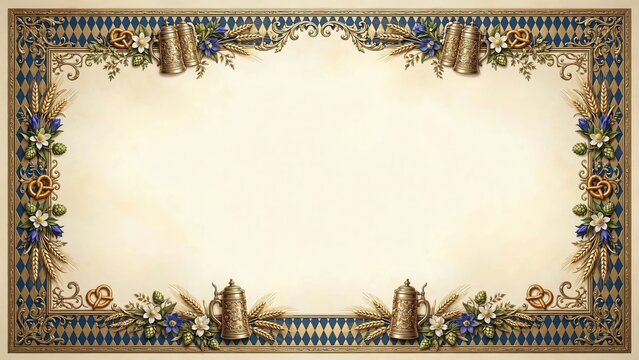 Decorative Bavarian festival frame with golden ornamentation and wheat stalks