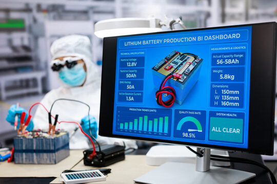 Research worker in protective gear assembles a battery beside a monitor lithium battery production data, quality testing, capacity and safety status in a modern laboratory.