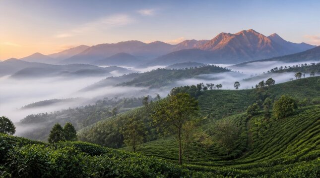 Panoramic view of a vast terraced green tea plantation on rolling hills shrouded in thick white mist at sunrise, with high mountain peaks and a golden sky in the background.