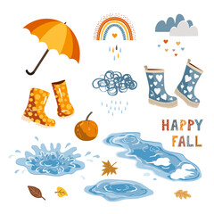Fototapeta premium Autumn rainy weather symbols doodle elements. Vector illustration.