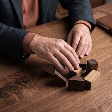 Senior businessman arranging geometric wooden blocks on an office desk, symbolizing strategic planning, problem solving, and corporate development