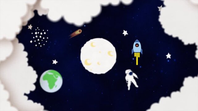 Animated Paper Cutout Style Space Exploration Scene with Rocket and Astronaut.